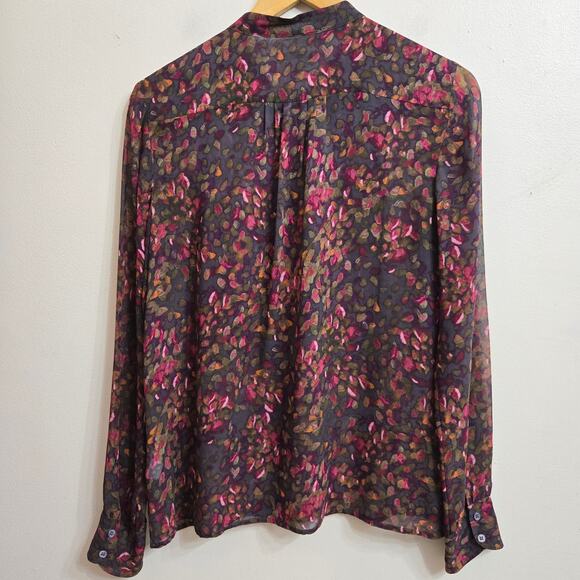 J.Crew Women Whimsigoth Romantic 2010s Sheer Silk Floral Ruffle Button-Up Top 8 - Picture 7 of 11